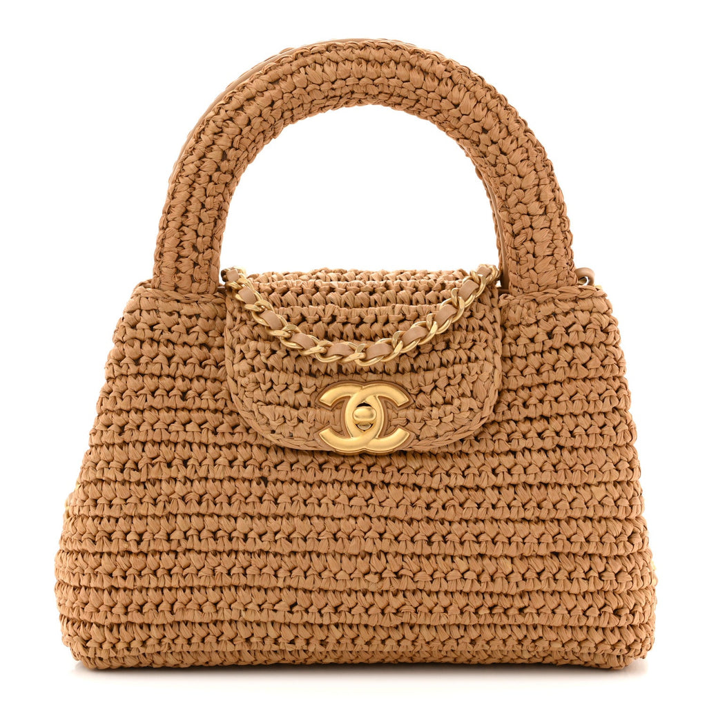 Braided Raffia Nano Kelly Flap Bag Dark Beige
