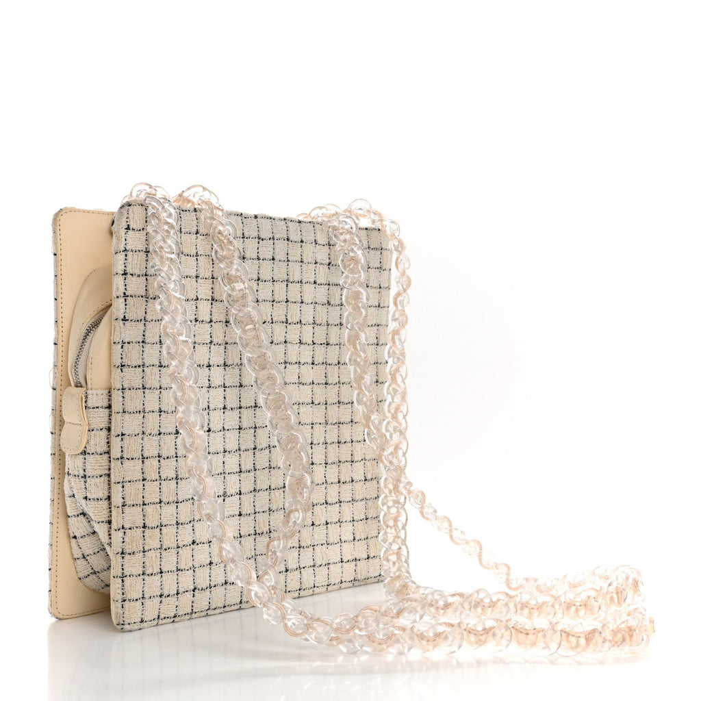 Tweed Resin Small Zipped Shopping Bag White Black