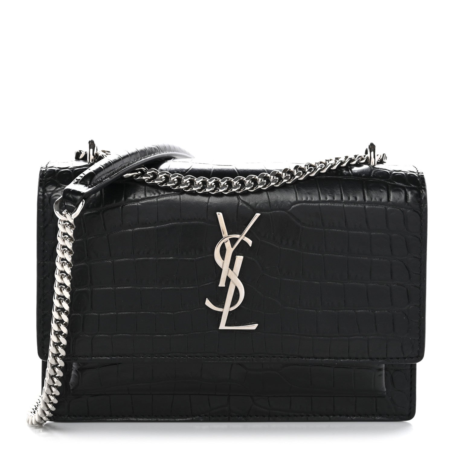 Calfskin Crocodile Embossed Monogram Sunset Chain Wallet Black