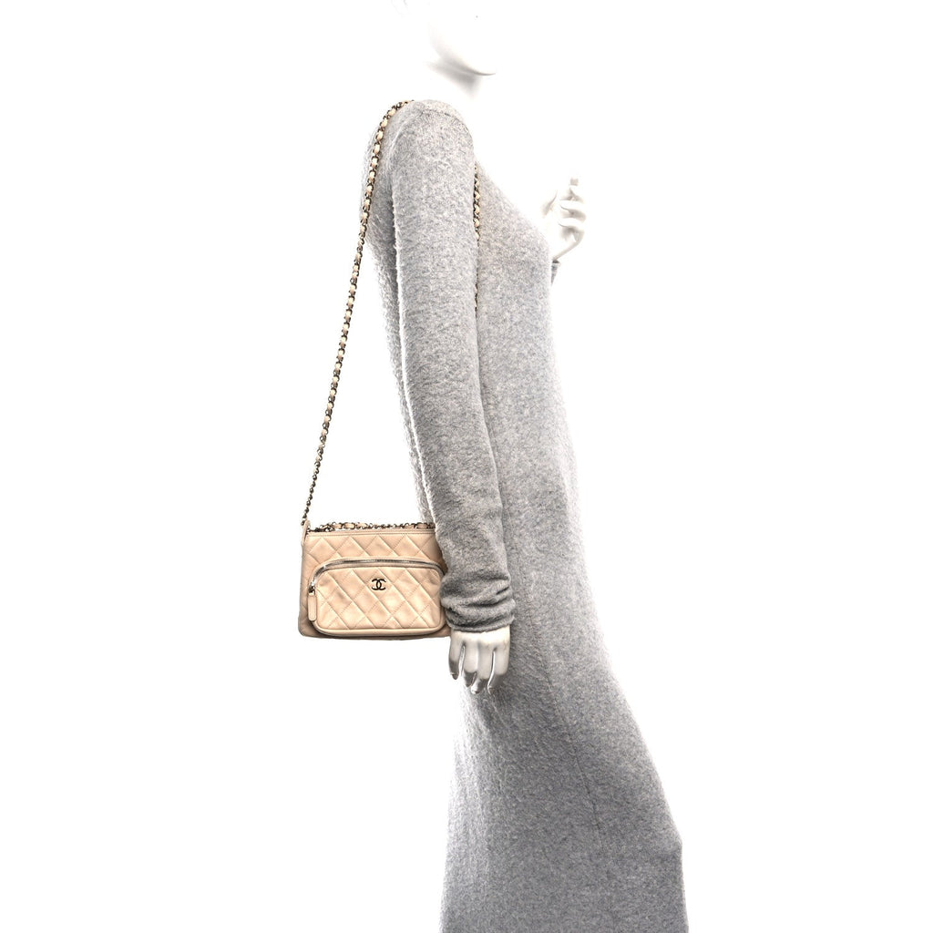 Shiny Crumpled Lambskin Quilted Small Preppy Pocket Clutch With Chain Beige