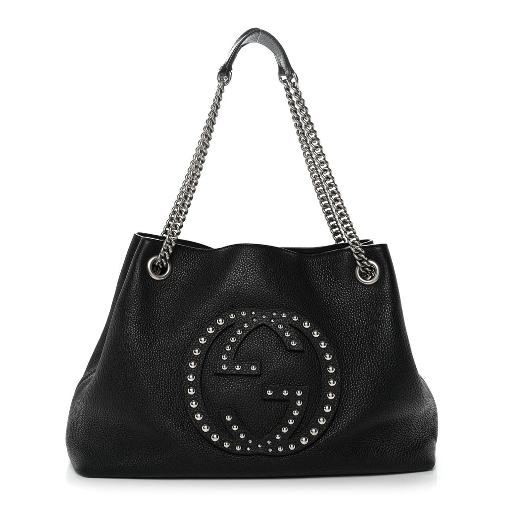 Pebbled Calfskin Studded Medium Soho Chain Shoulder Bag Black