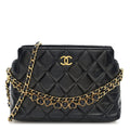 Shiny Crumpled Calfskin Quilted Clutch With Chain Black