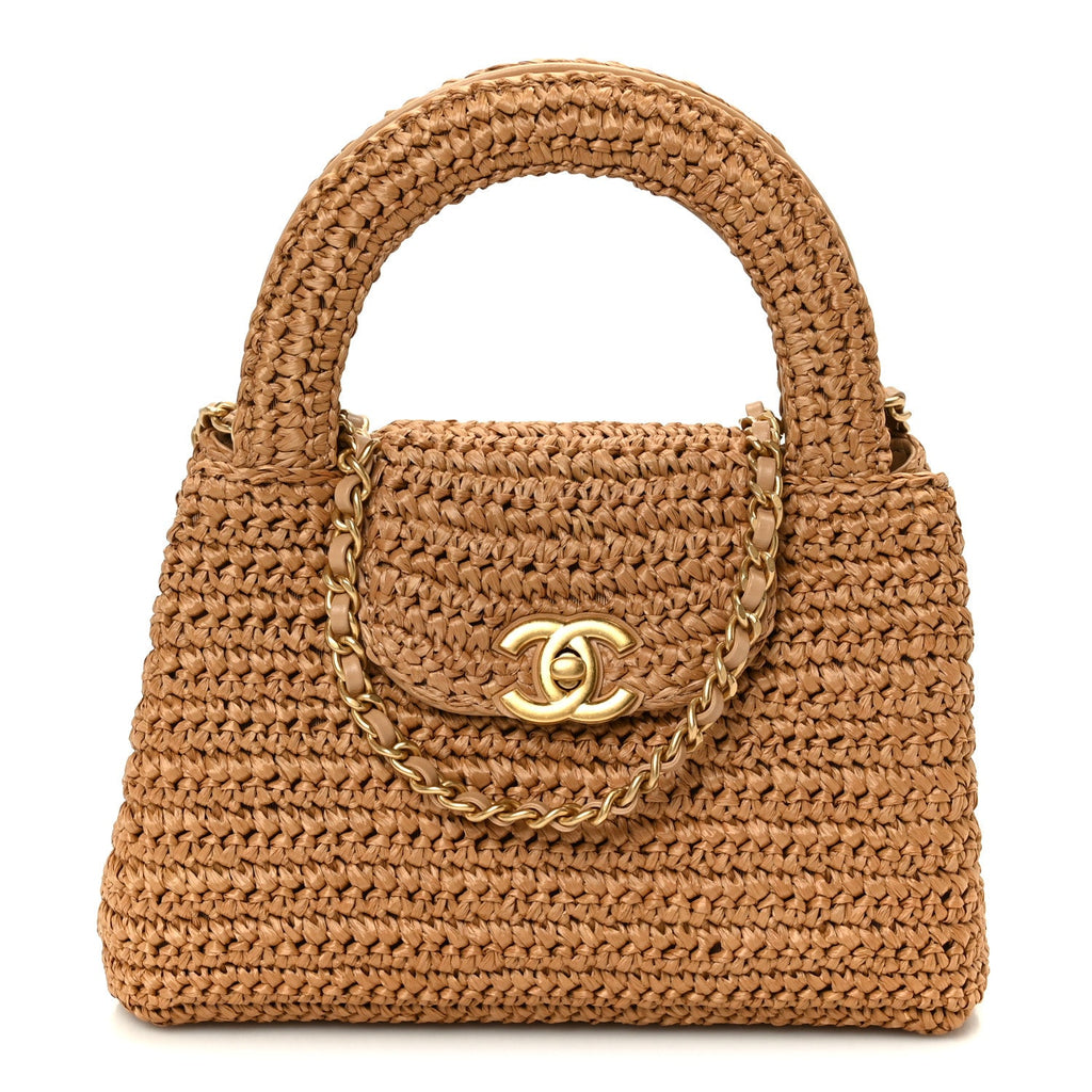 Braided Raffia Nano Kelly Flap Bag Dark Beige