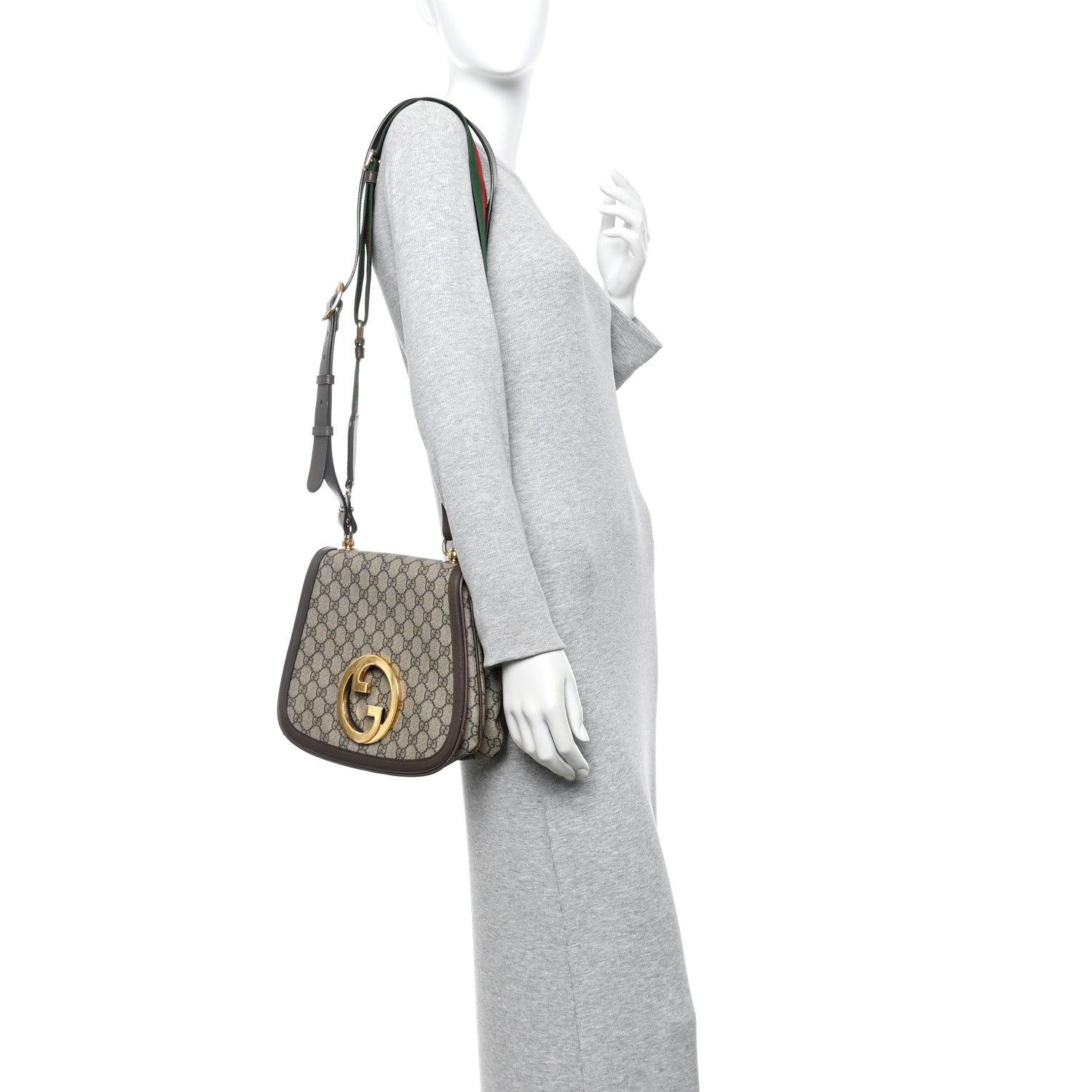GG Supreme Monogram Textured Dollar Calfskin Web Medium Blondie Shoulder Flap Bag Beige Ebony New Acero