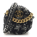 Tweed Quilted 19 Round Clutch With Chain Black White