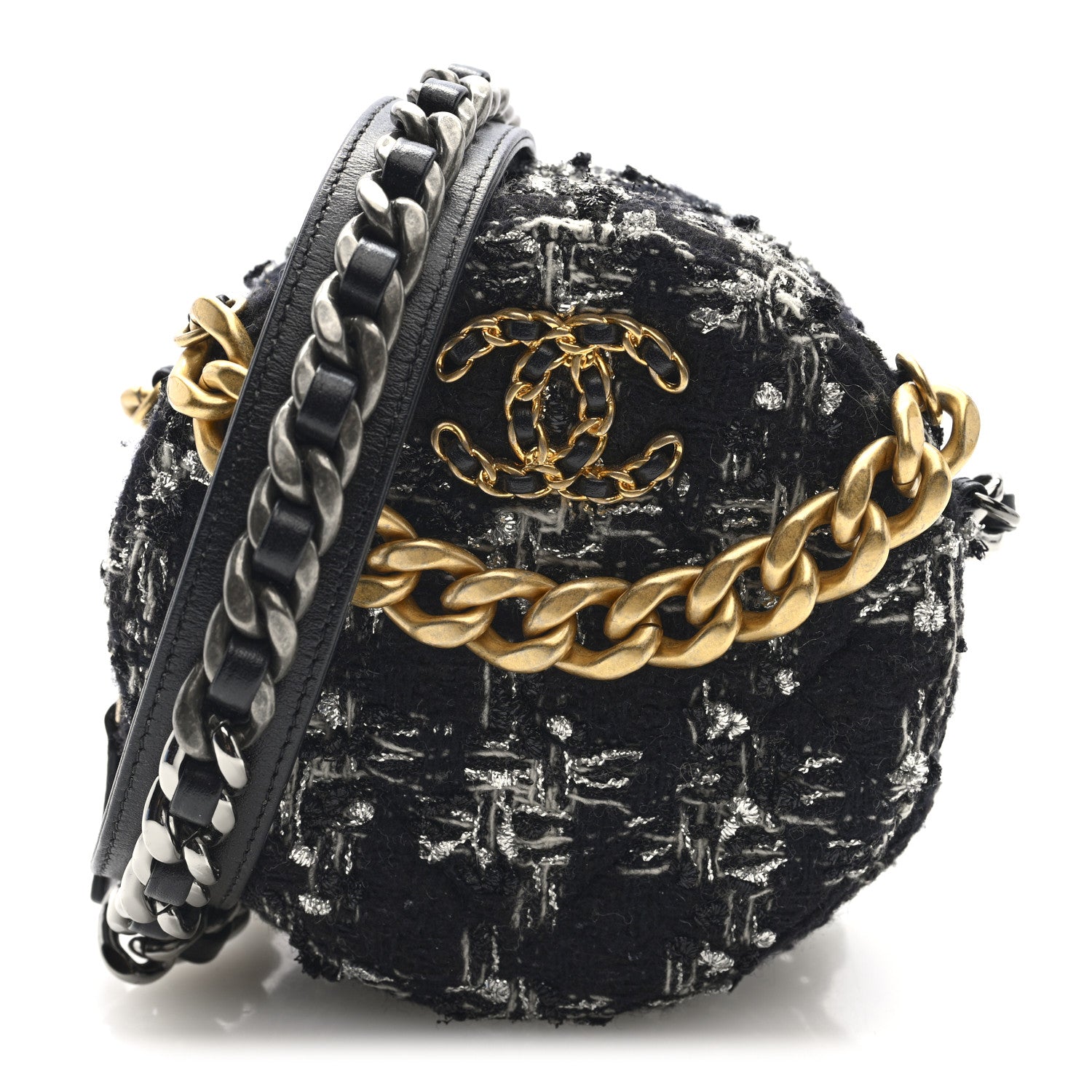 Tweed Quilted 19 Round Clutch With Chain Black White