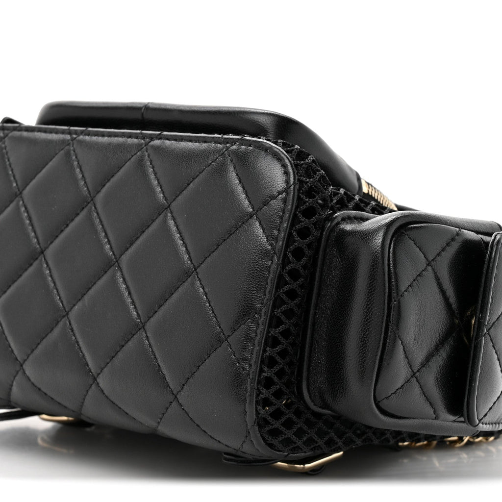 Shiny Lambskin Mesh Quilted Small Cargo Duma Drawstring Backpack Black