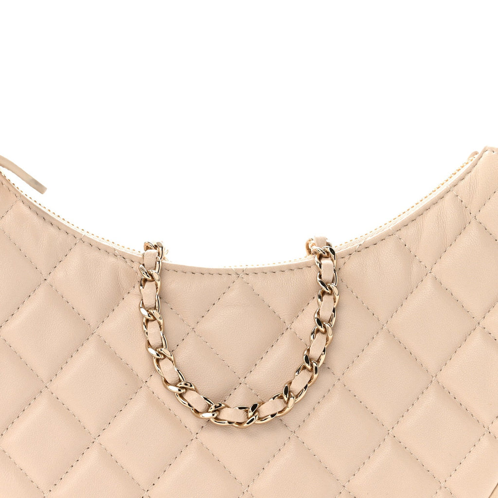 Lambskin Quilted Small Hobo Bag Light Beige