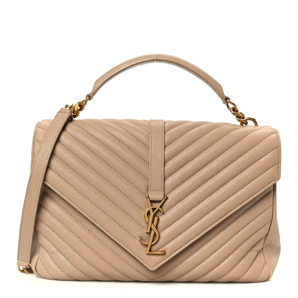 Sheepskin Matelasse Chevron Monogram Large College Satchel Dark Beige