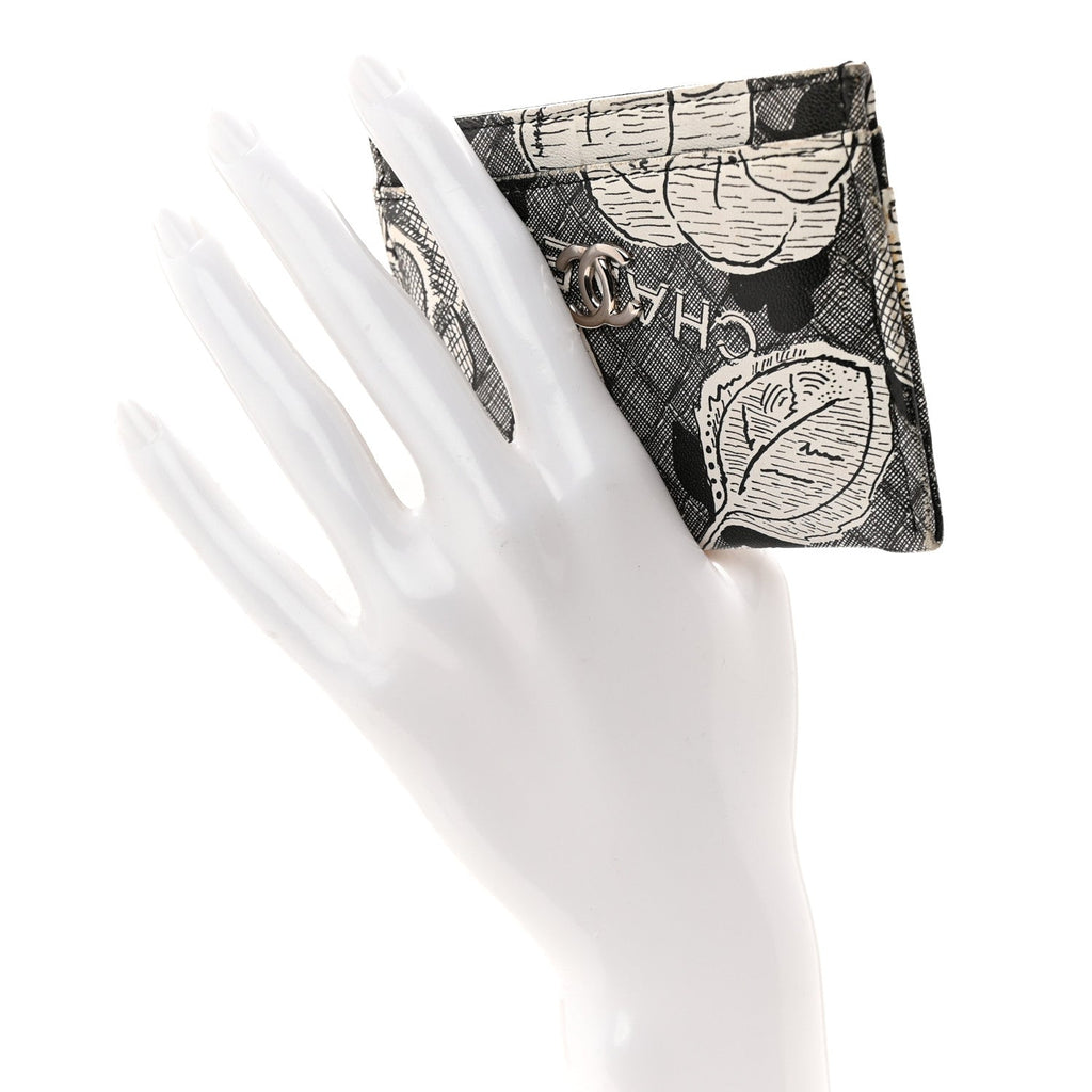 Coated Canvas Lambskin Quilted Camellia  Holder Black White