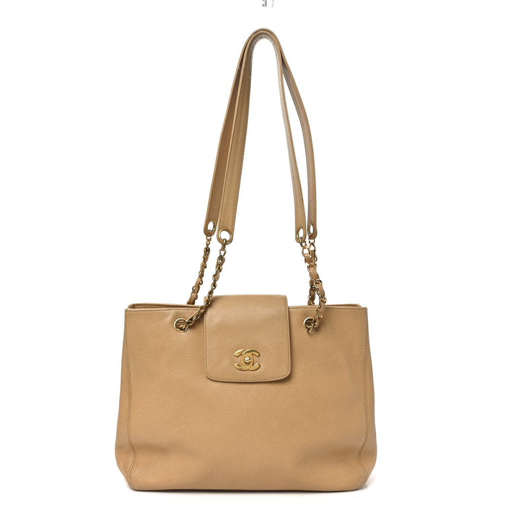 Caviar Turnlock Tote Beige