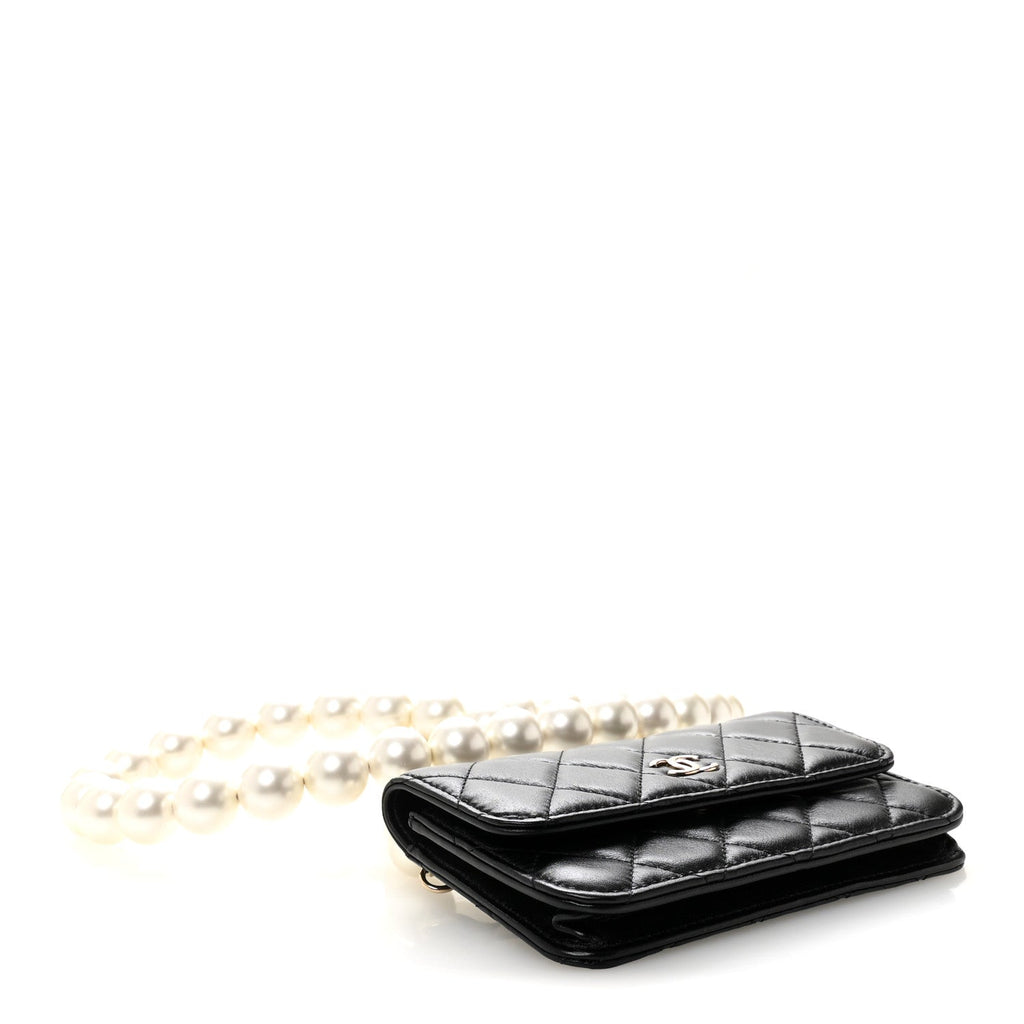 Calfskin Quilted Maxi Pearls Clutch With Chain Black