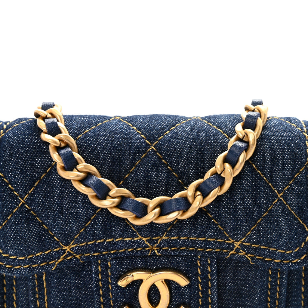 Denim Quilted Double You  Holder On Chain Blue