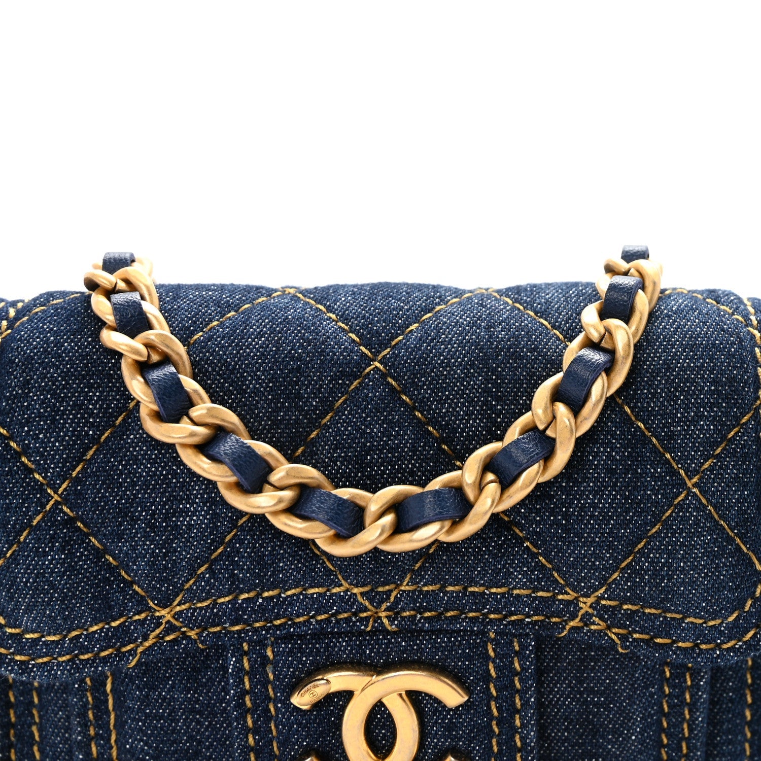 Denim Quilted Double You  Holder On Chain Blue