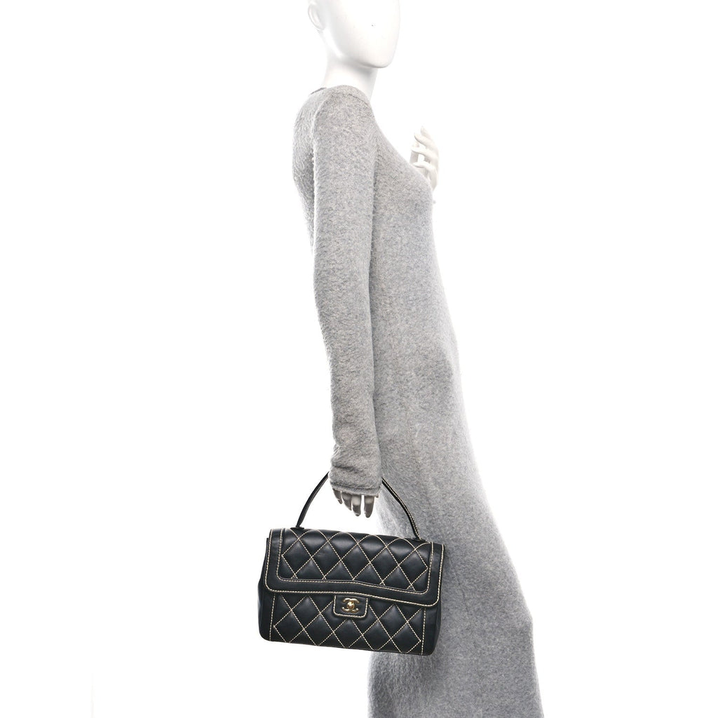 Calfskin Quilted Wild Stitch Large Top Handle Flap Black