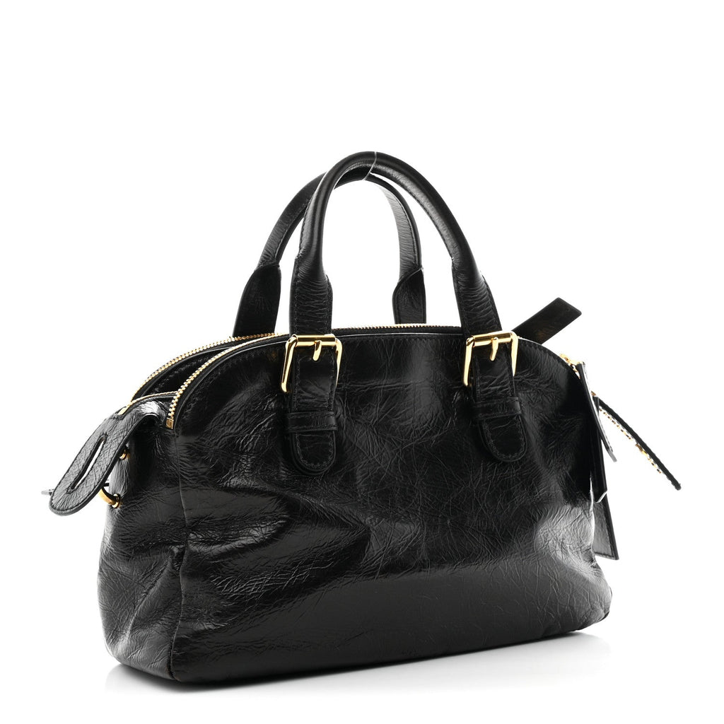 Crinkled Calfskin Small Grand Tour Bowling Bag Black