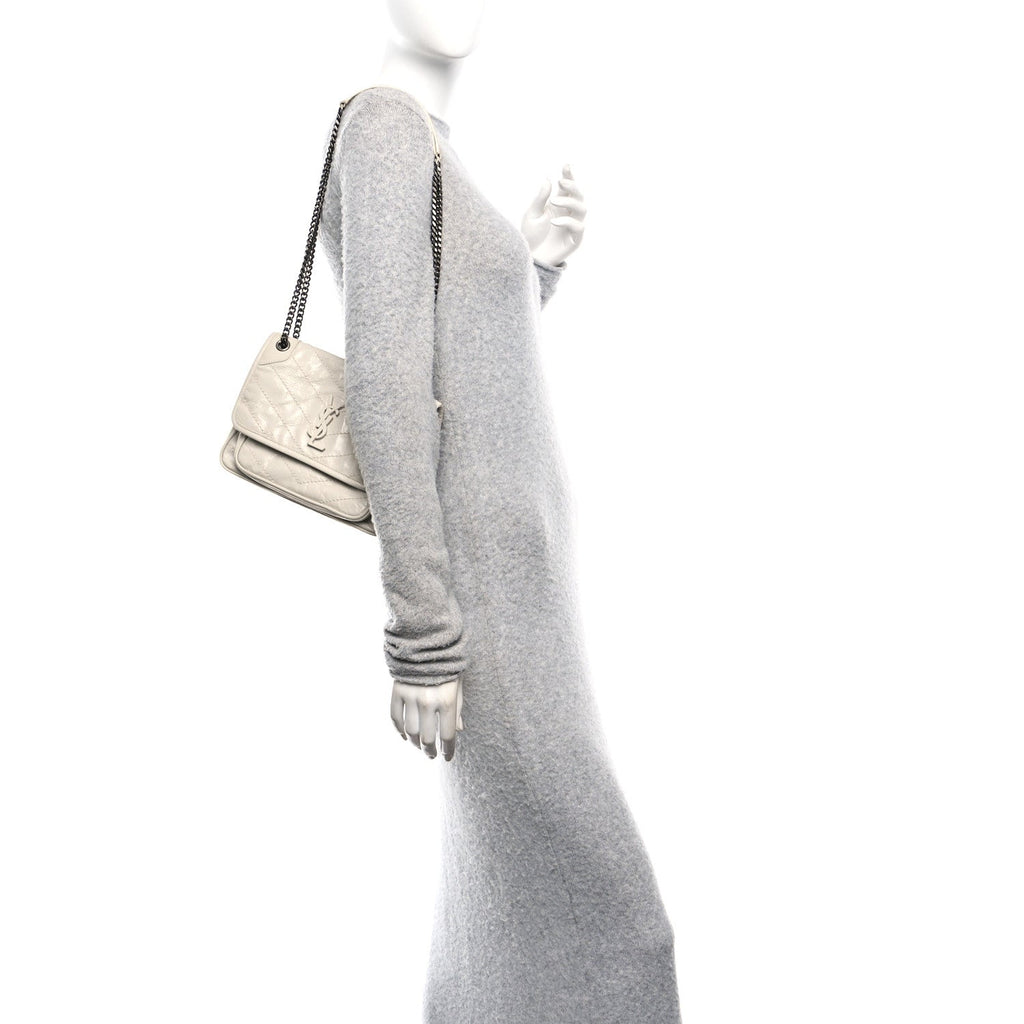 Crinkled Calfskin Matelasse Monogram Baby Niki Chain Satchel Blanc Vintage