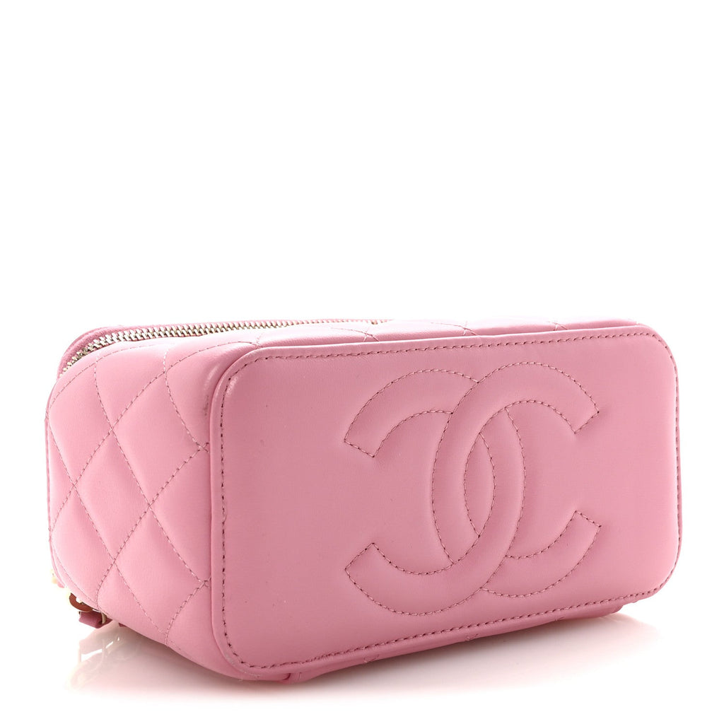 Lambskin Quilted Small Top Handle Vanity Case With Chain Pink