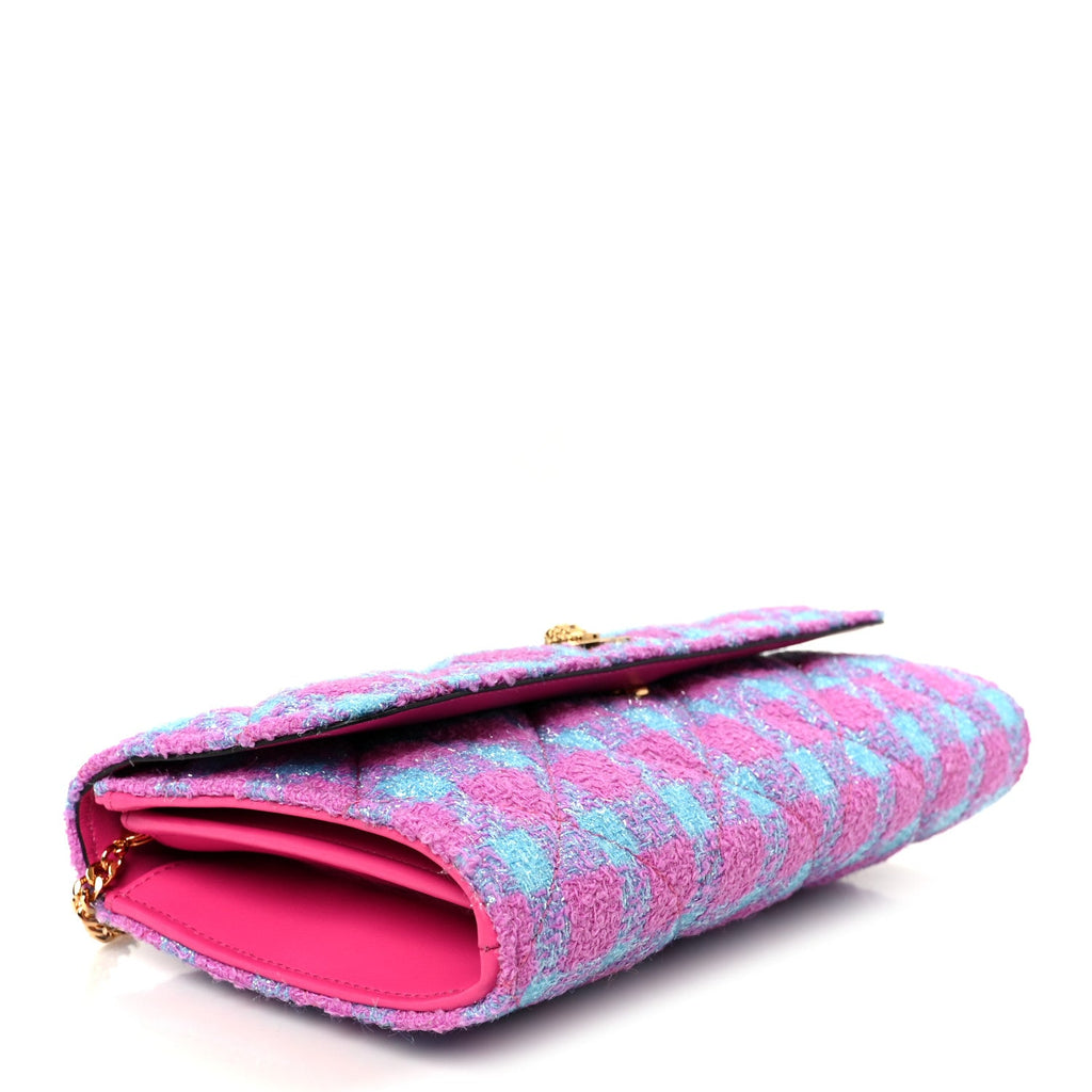 Tweed Quilted Medusa Wallet on Chain Crossbody Pink Blue