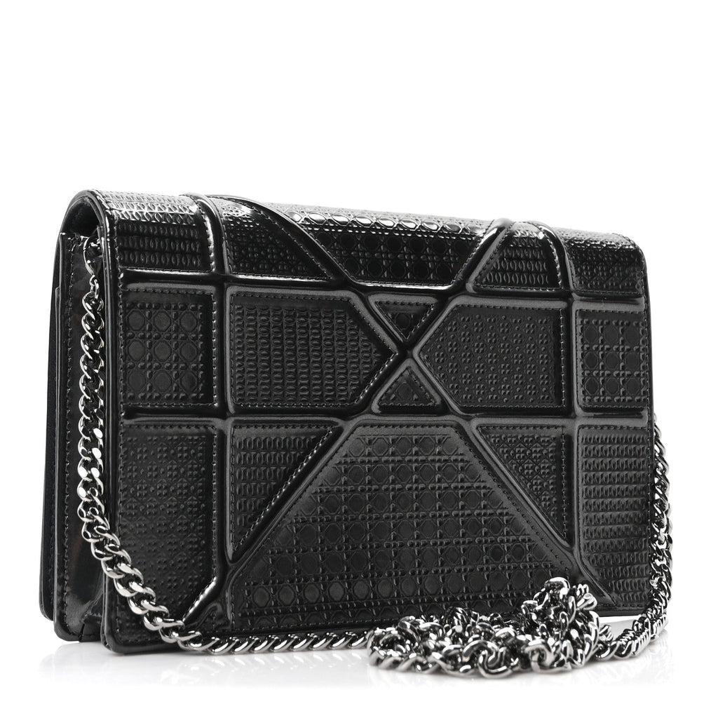 Metallic Patent Micro-Cannage Diorama Wallet on Chain Pouch Onyx Black