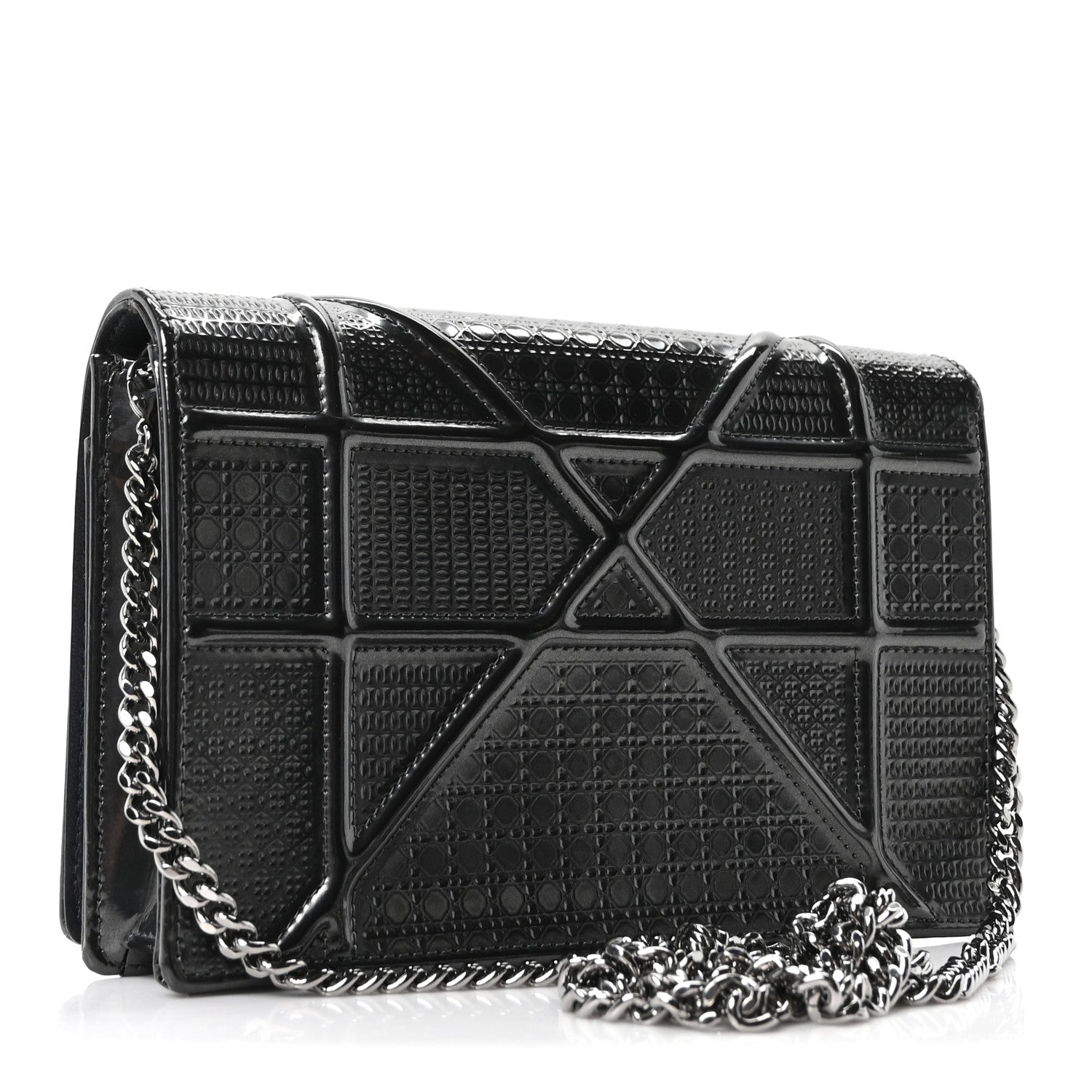 Metallic Patent Micro-Cannage Diorama Wallet on Chain Pouch Onyx Black