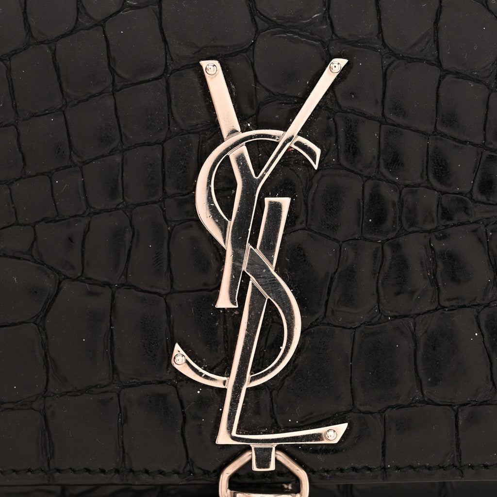 Calfskin Crocodile Embossed Small Classic Monogram Kate Tassel Satchel Black