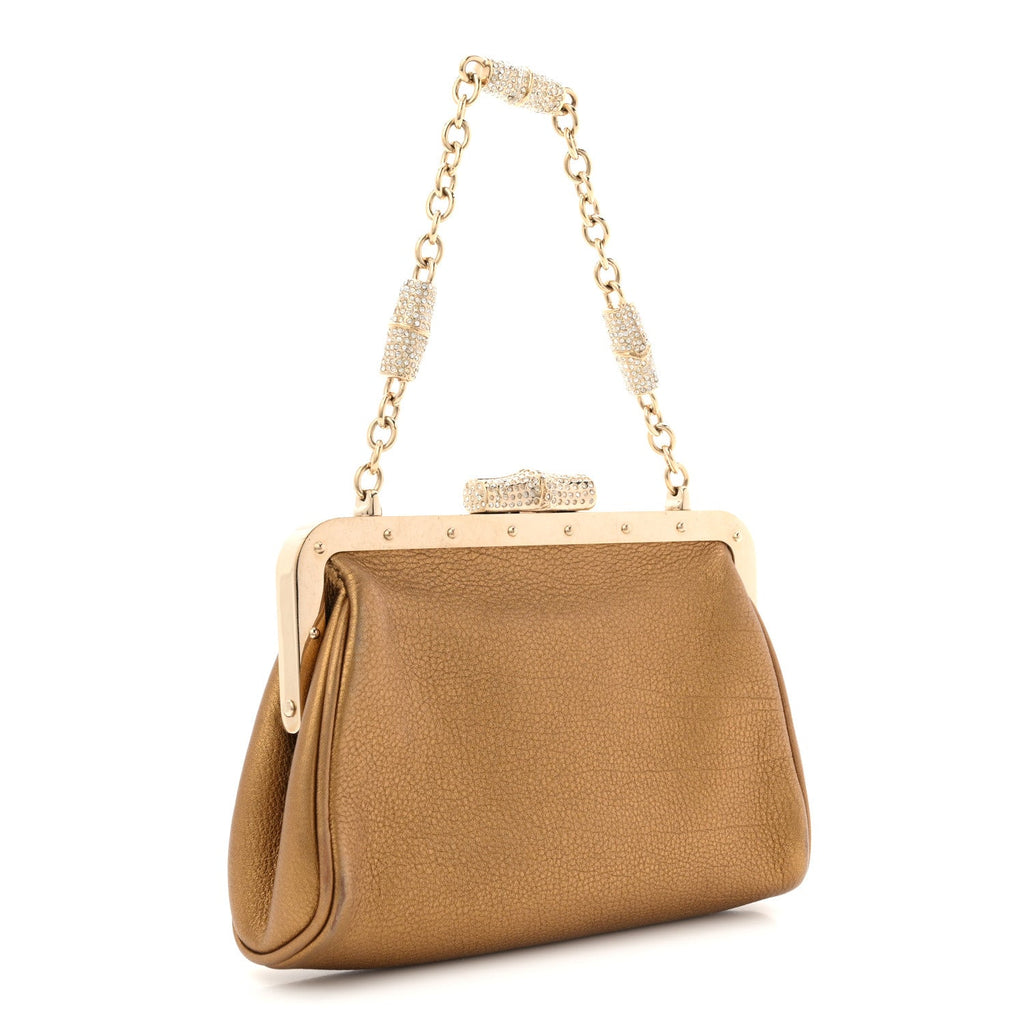Metallic Grained Calfskin Crystal Frame Evening Bag Bronze