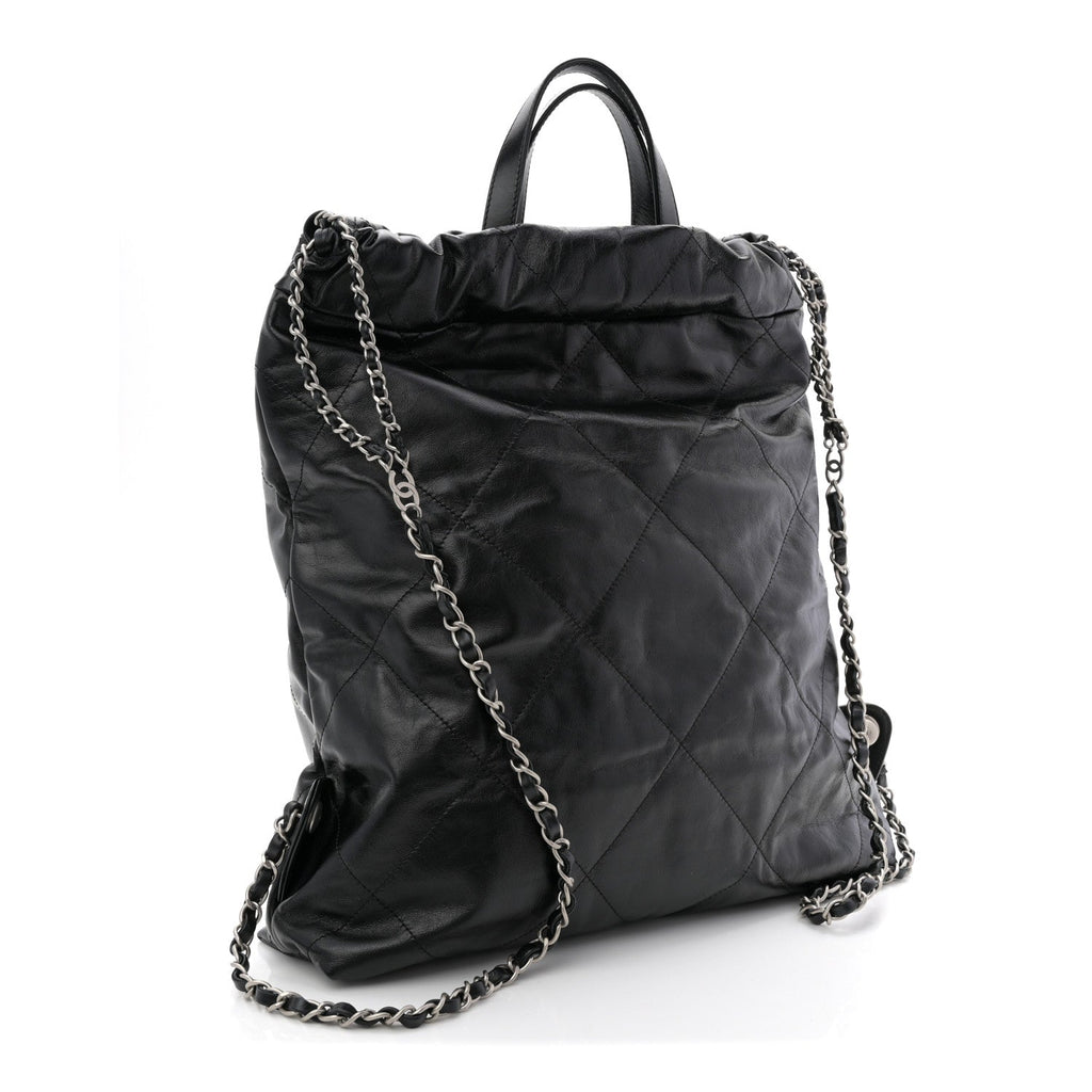 Shiny Calfskin Quilted Chanel 22 Backpack Black