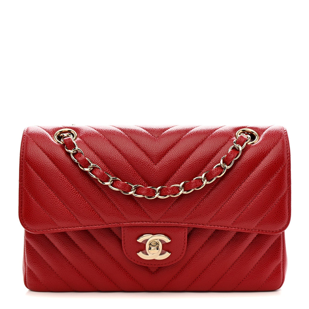 Caviar Chevron Quilted Small Double Flap Red