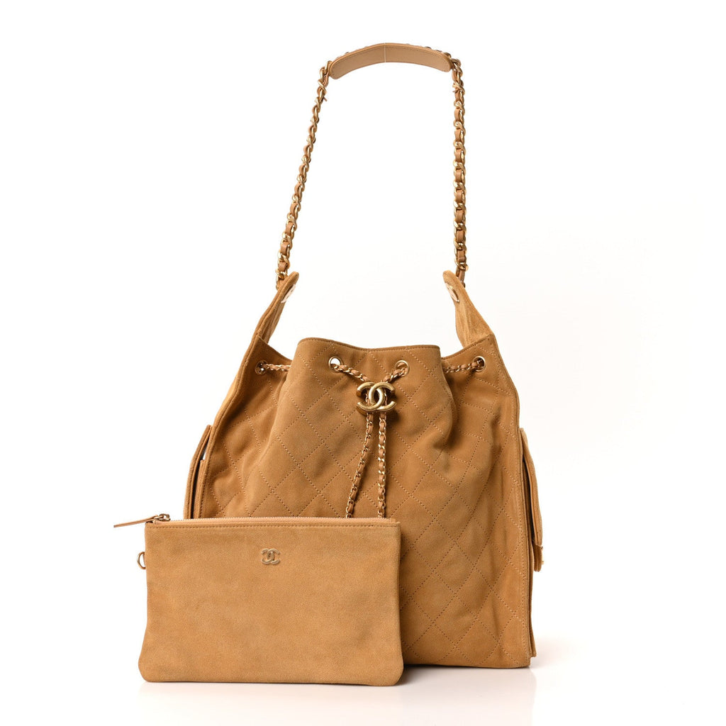 Suede Quilted Medium Chanel 25 Handbag Beige
