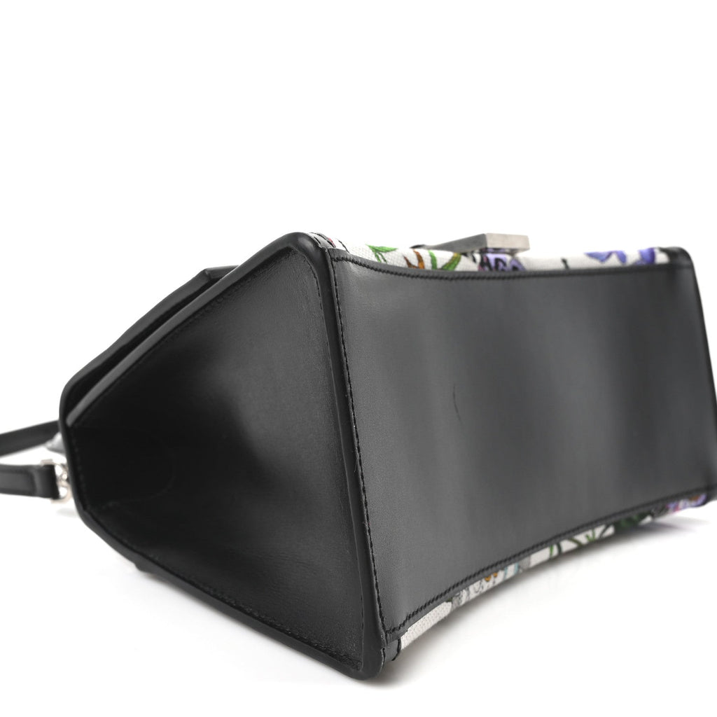 X GUCCI Canvas Boarded Plutone Calfskin Flora Logo Print Small Hourglass Top Handle Bag White Multicolor Black
