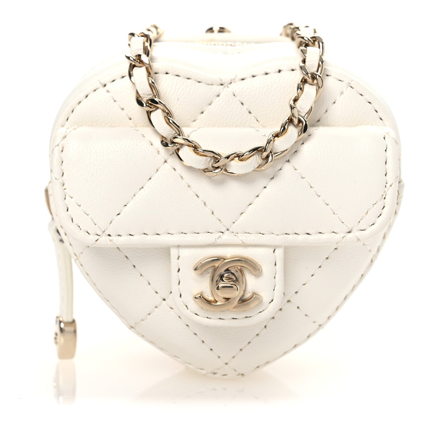 Lambskin Quilted CC In Love Heart Coin Purse With Chain White