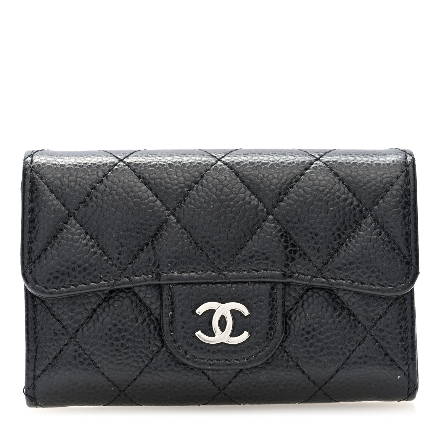 Caviar Quilted Flap  Holder Wallet Black