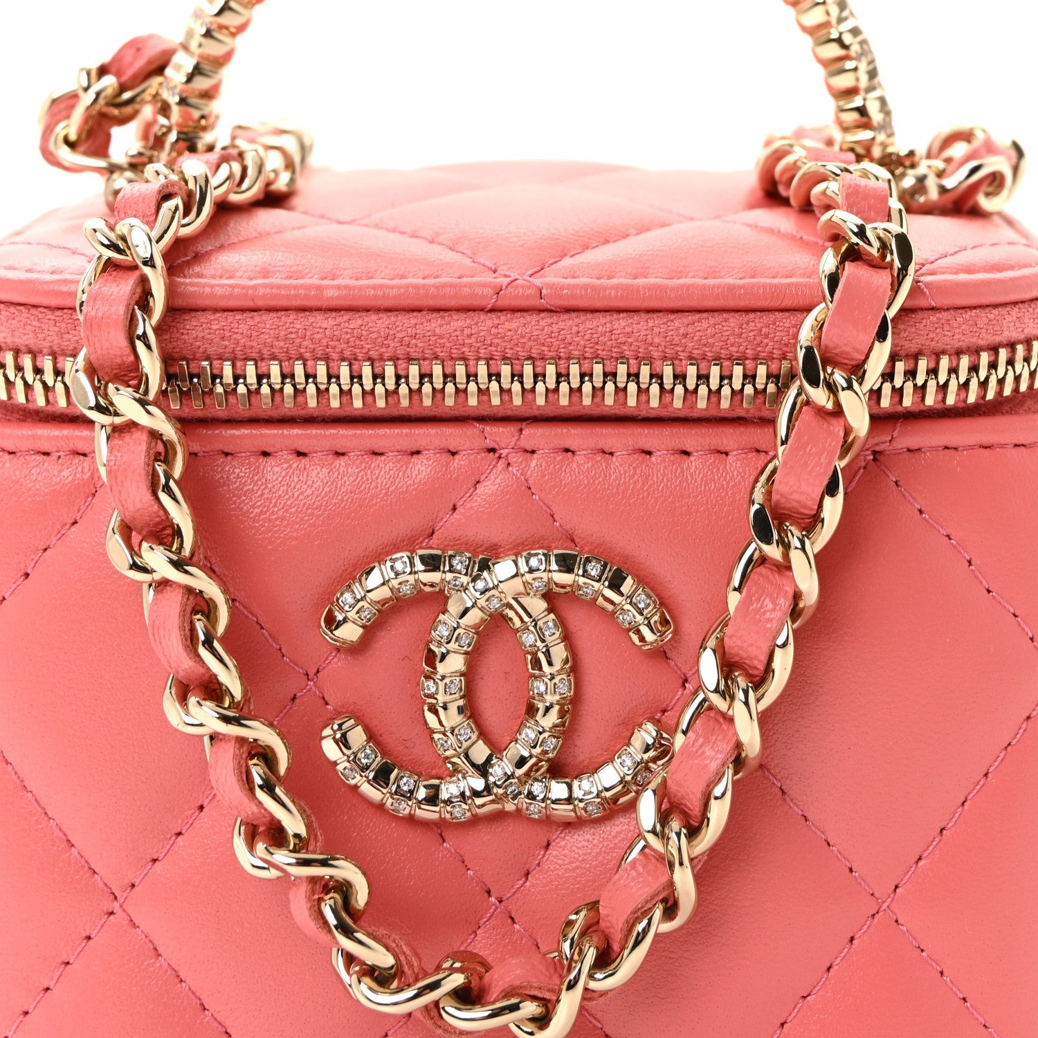 Lambskin Quilted Crystal Top Handle Mini Vanity Case With Chain Coral