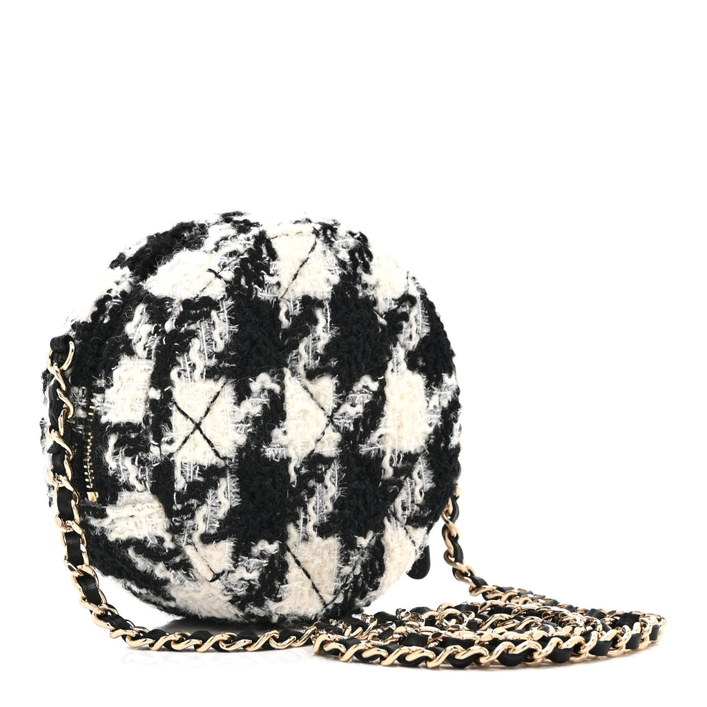 Wool Tweed Lambskin Quilted Round Clutch With Chain and Coin Purse Black White