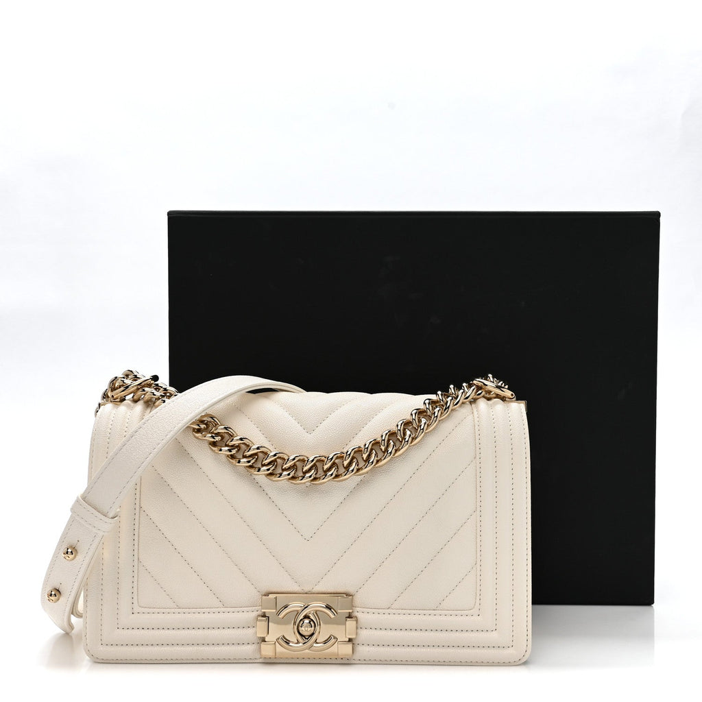 Caviar Chevron Quilted Medium Boy Flap White