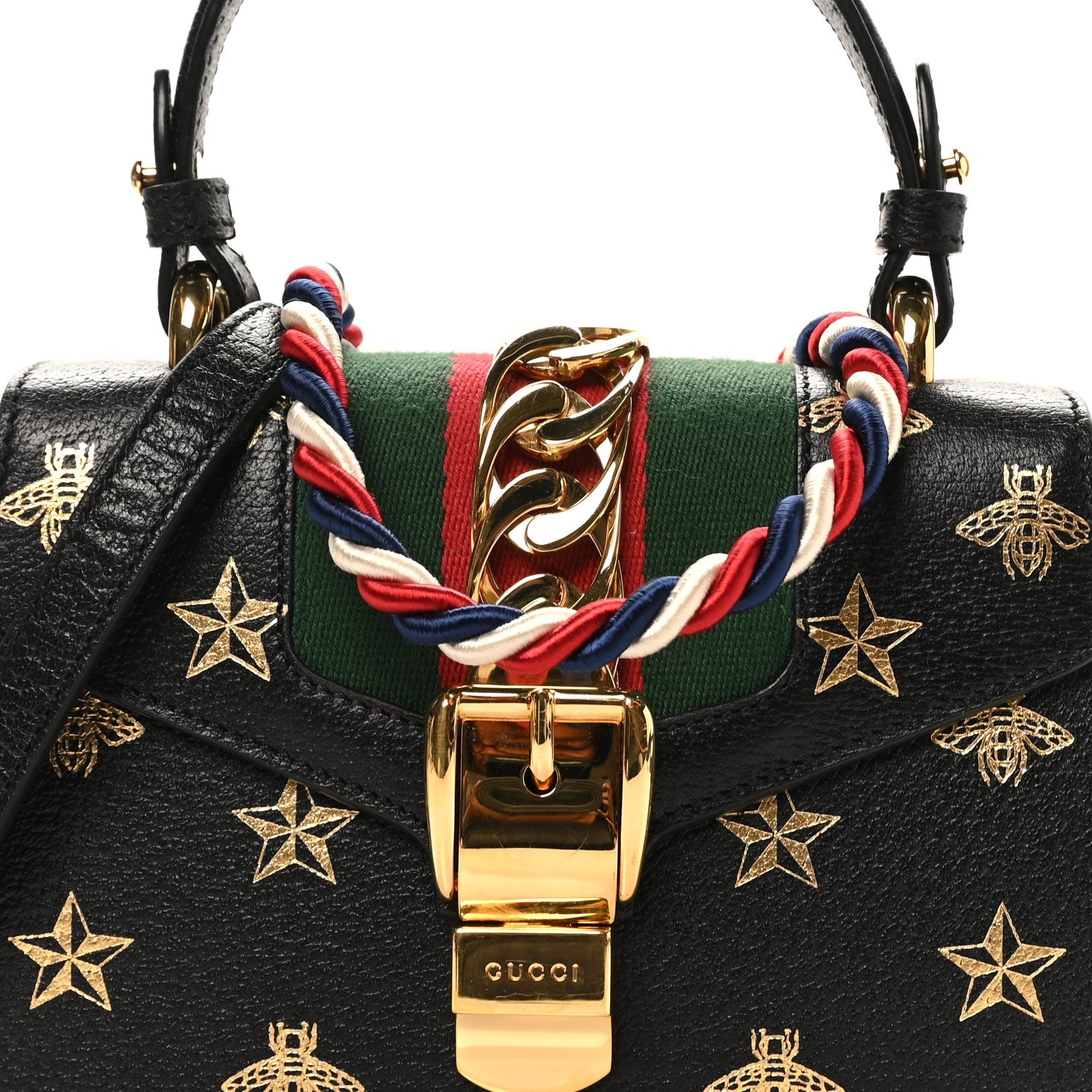 Textured Calfskin Bee Star Print Mini Sylvie Top Handle Bag Black