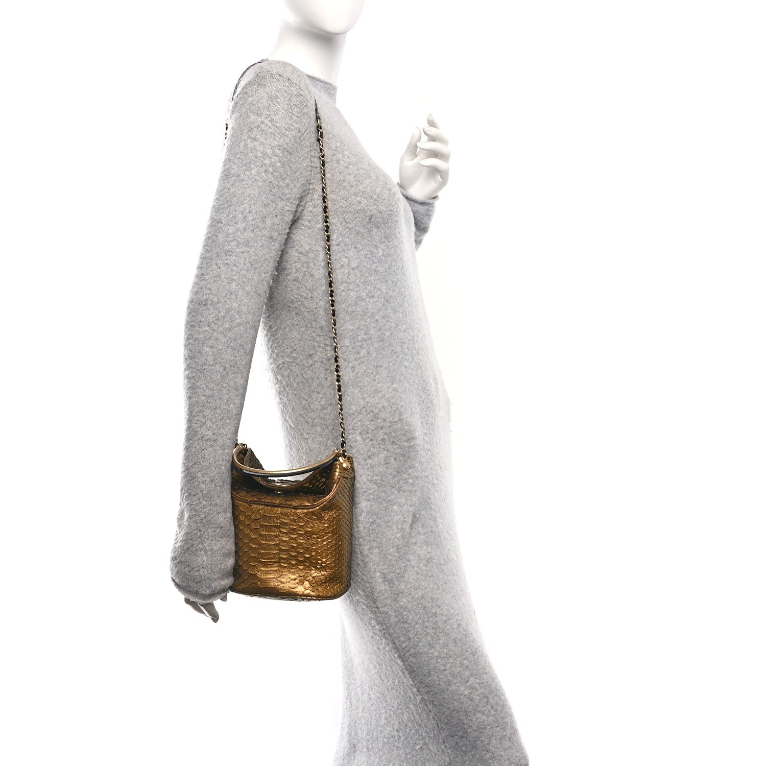 Metallic Snakeskin Paris Hamburg Drawstring Bucket Bag Gold