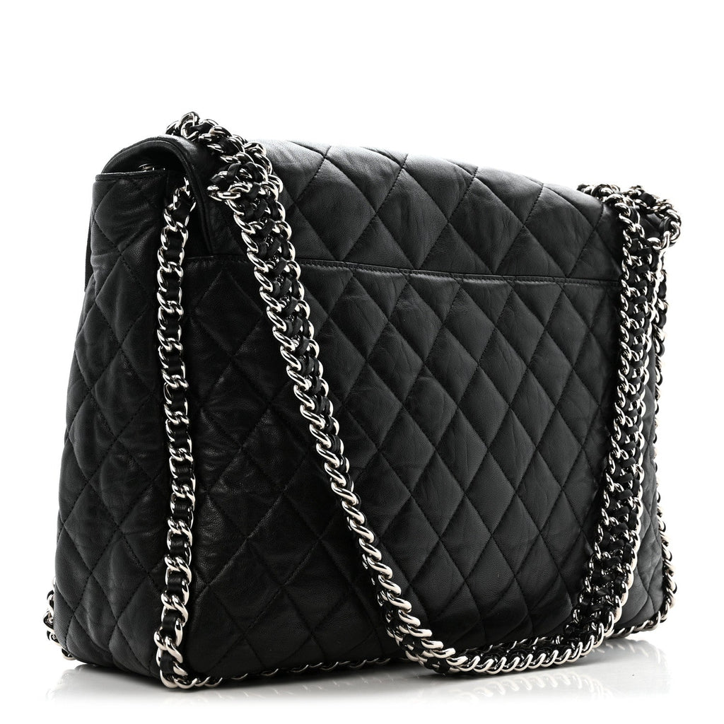 Washed Lambskin Quilted Maxi Chain Around Flap Black