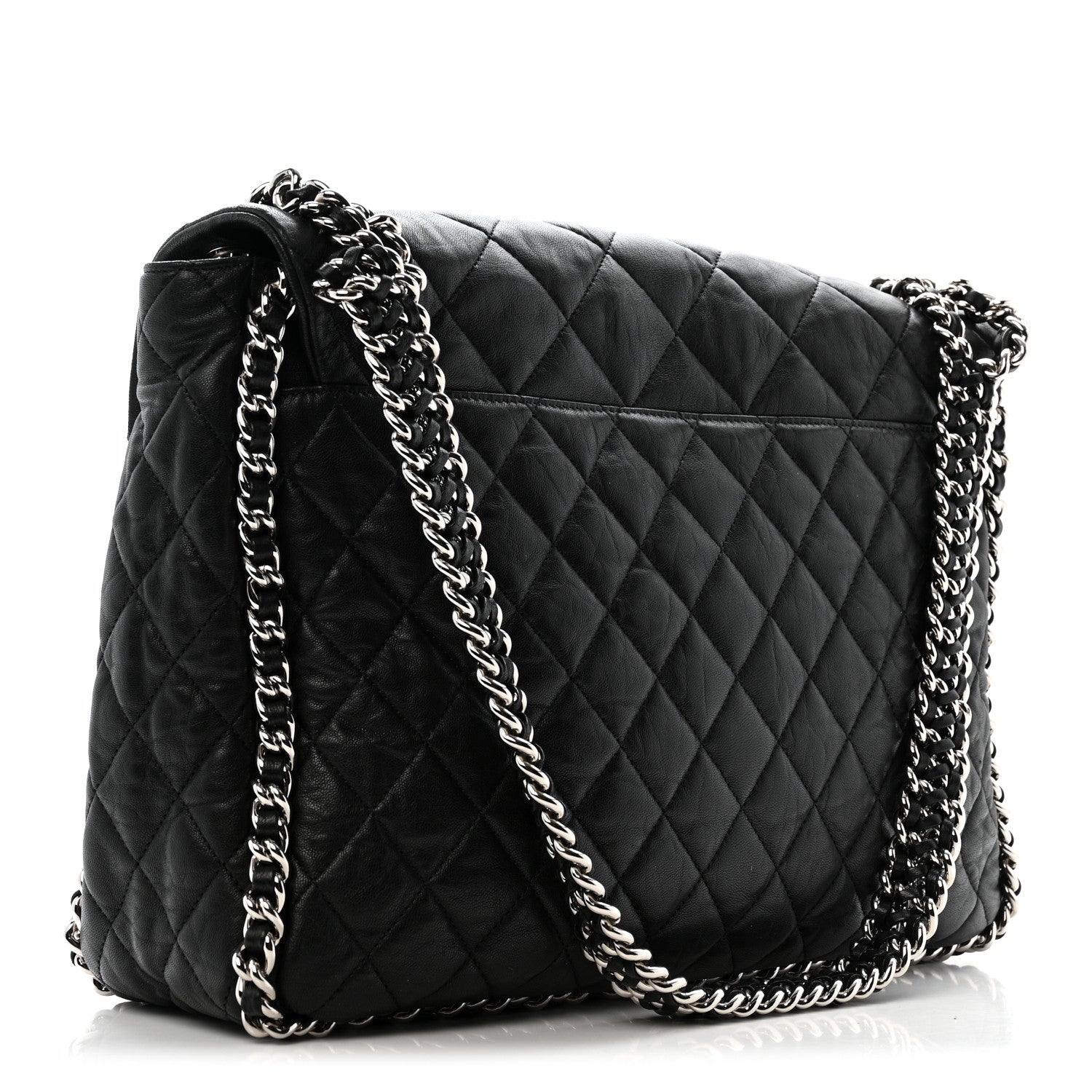 Washed Lambskin Quilted Maxi Chain Around Flap Black