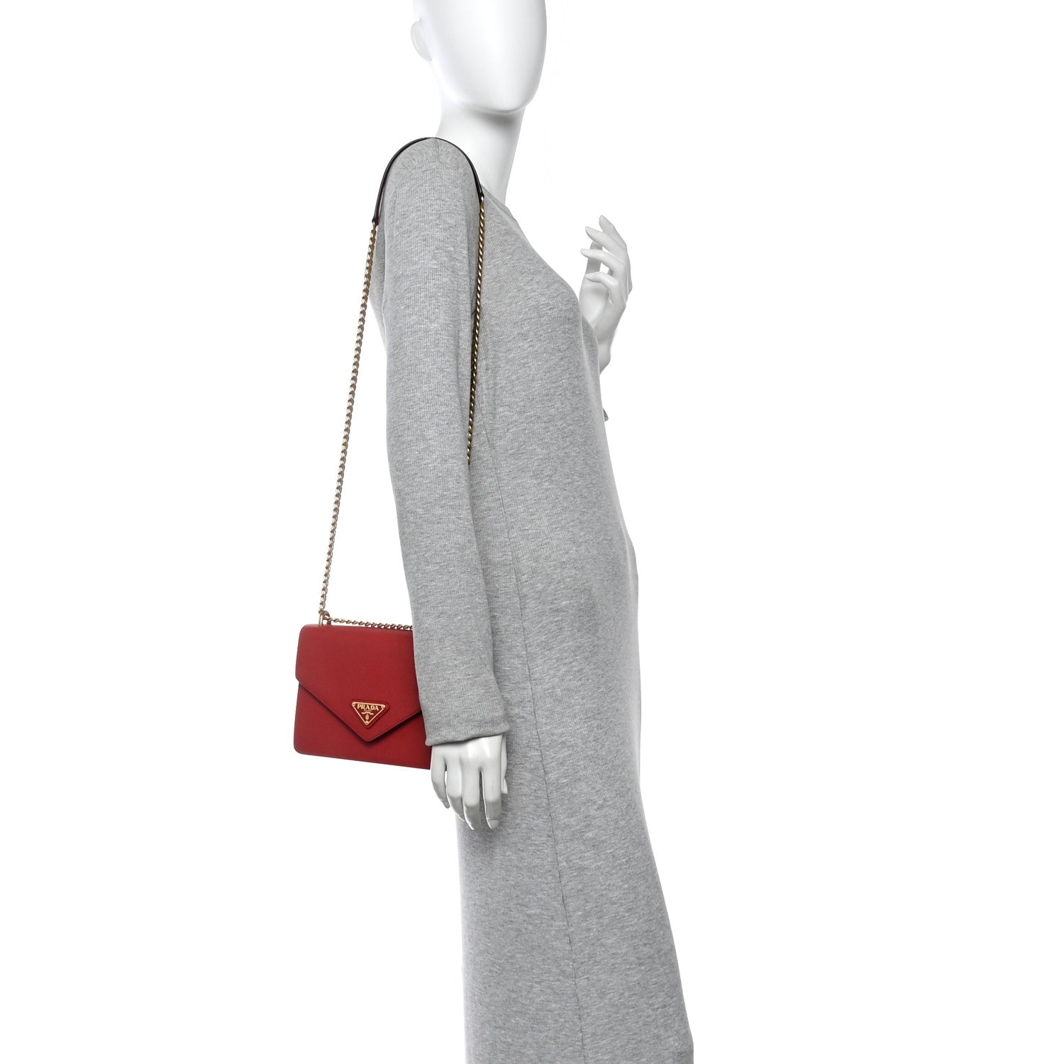Saffiano Soft Calfskin Metal Triangle Logo Envelope Chain Shoulder Bag Fuoco