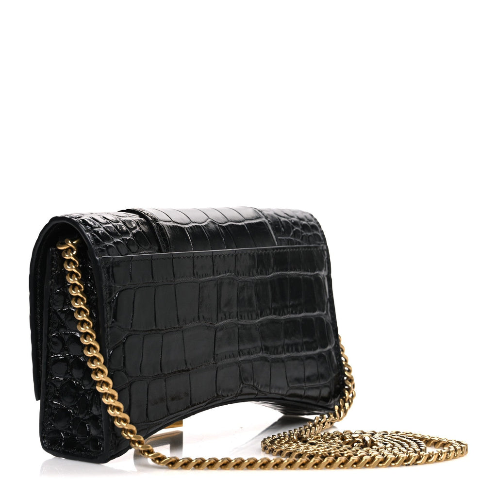Shiny Calfskin Crocodile Embossed Hourglass Chain Bag Black