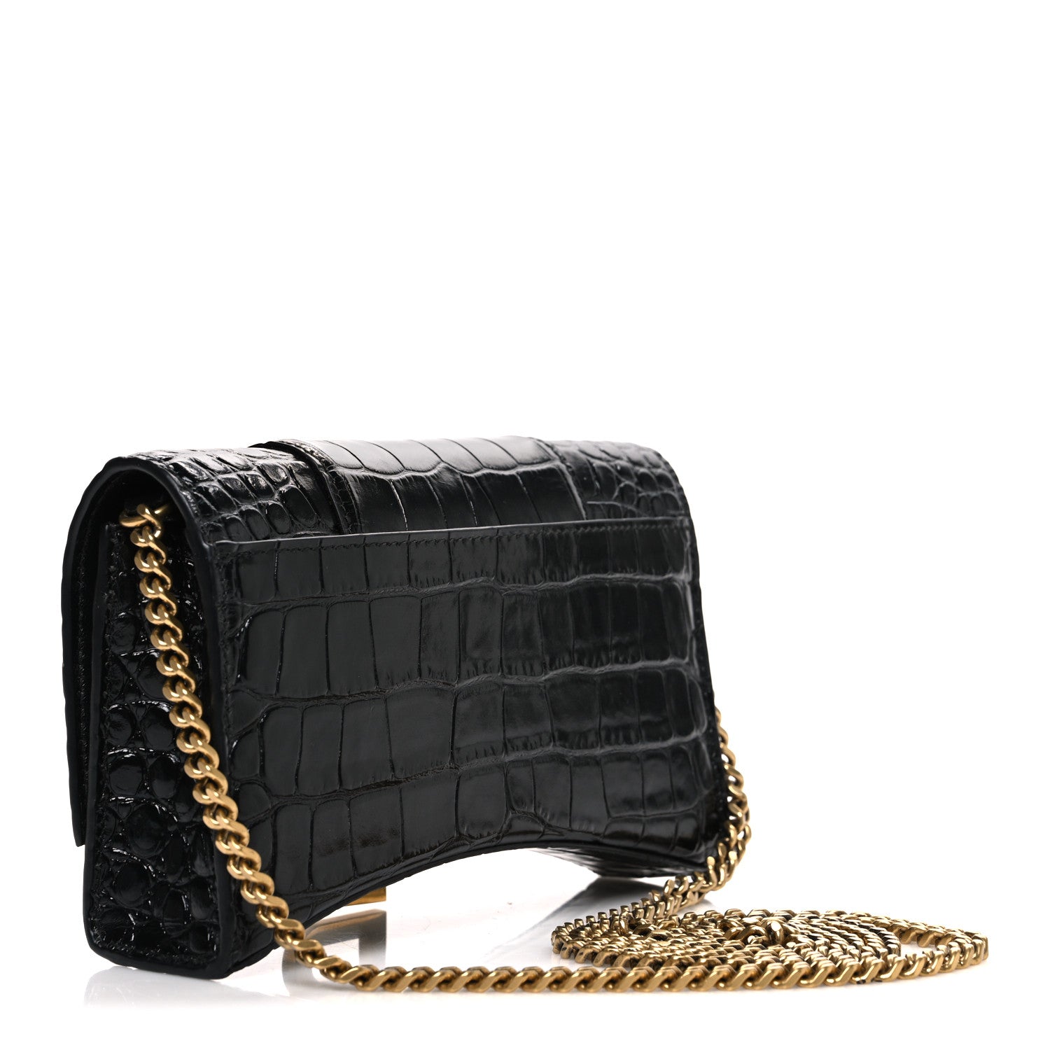 Shiny Calfskin Crocodile Embossed Hourglass Chain Bag Black