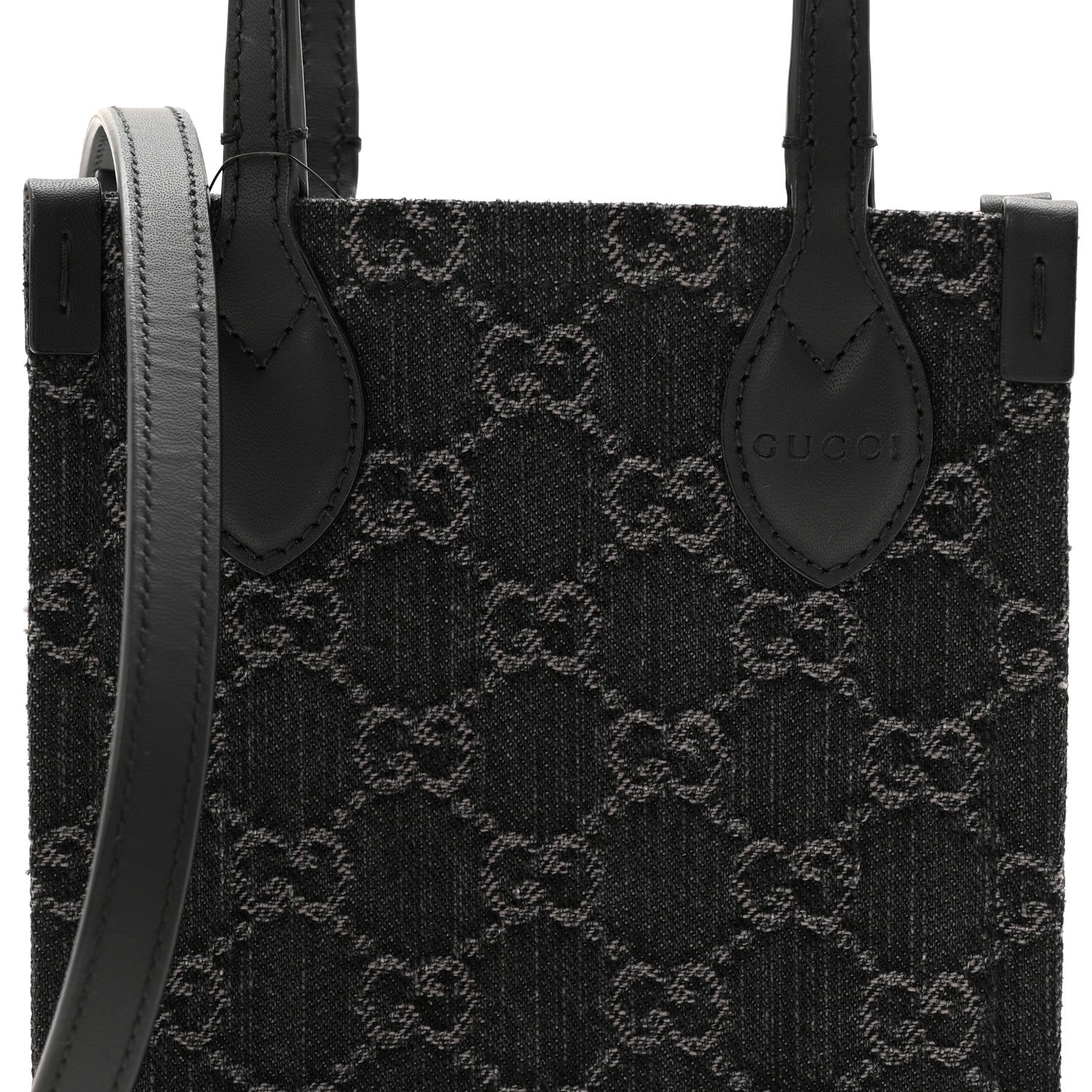 Denim Cuoio Harness GG Monogram Mini Ophidia Tote Bag Black Medium Grey