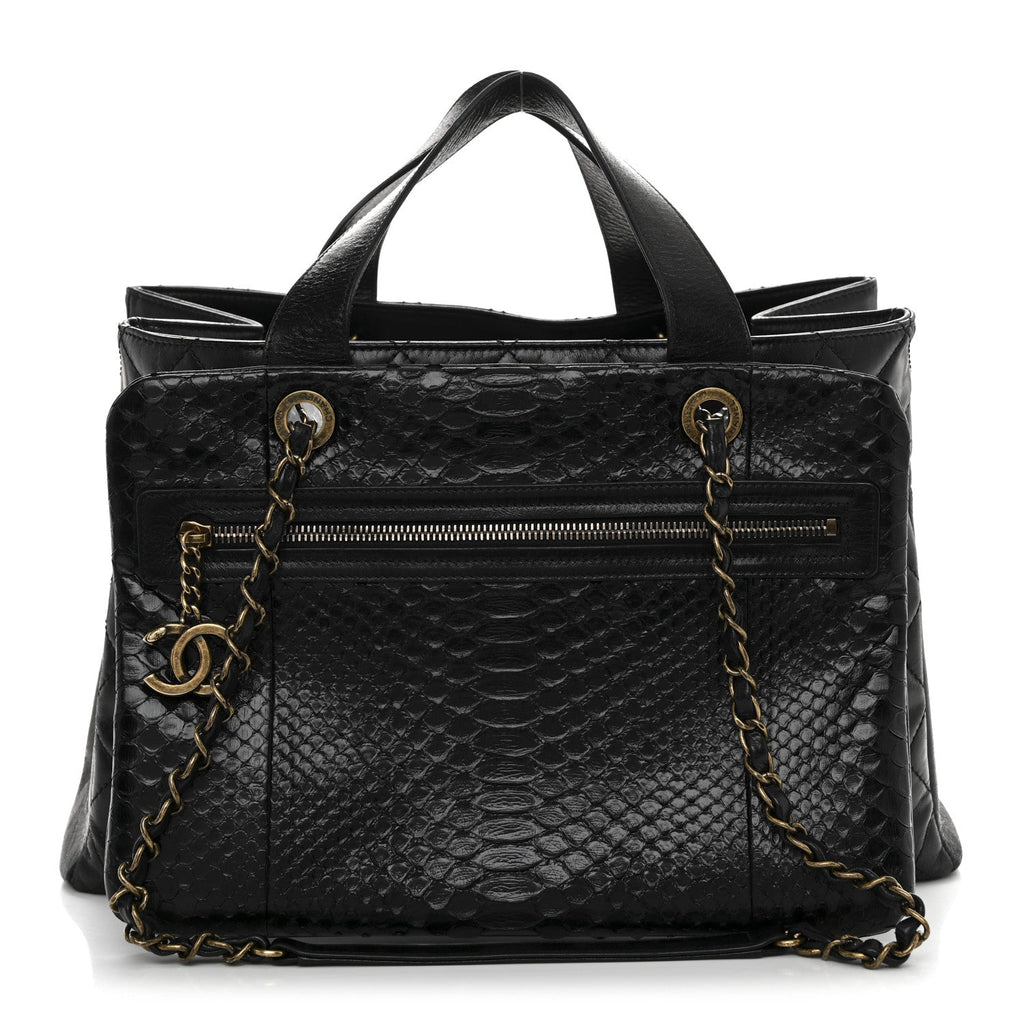 Snakeskin Glazed Calfskin Quilted Urban Mix Tote Black