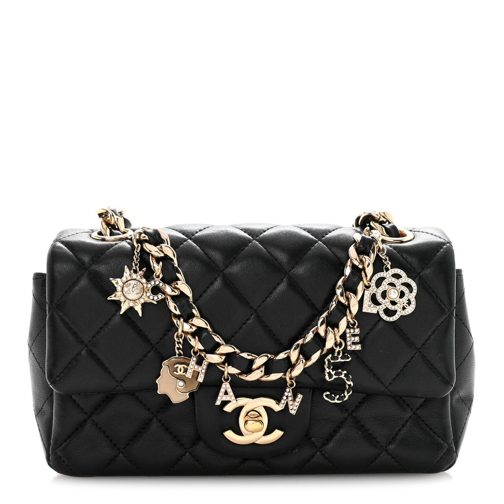 Lambskin Quilted Mini Coco Charms Rectangular Flap Black