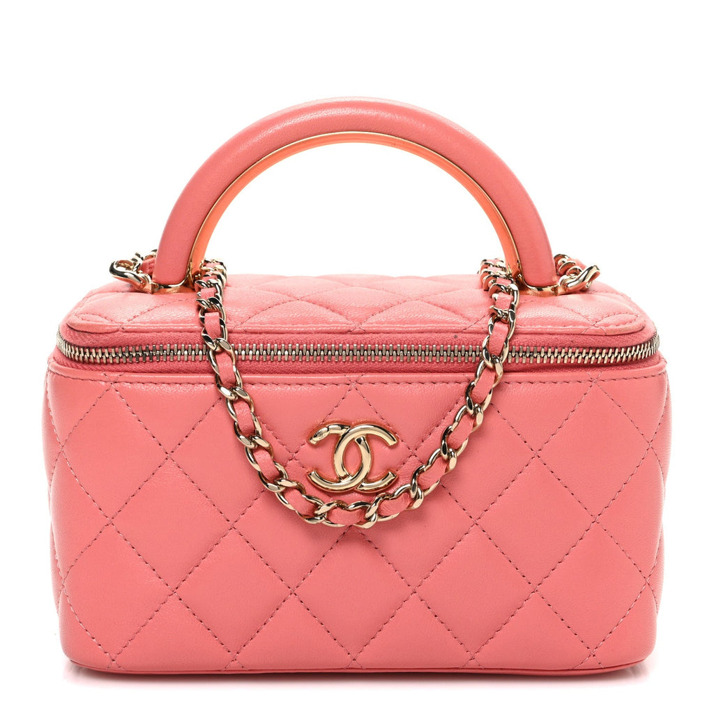 Lambskin Quilted Small Charming Top Handle Vanity Case With Chain Pink