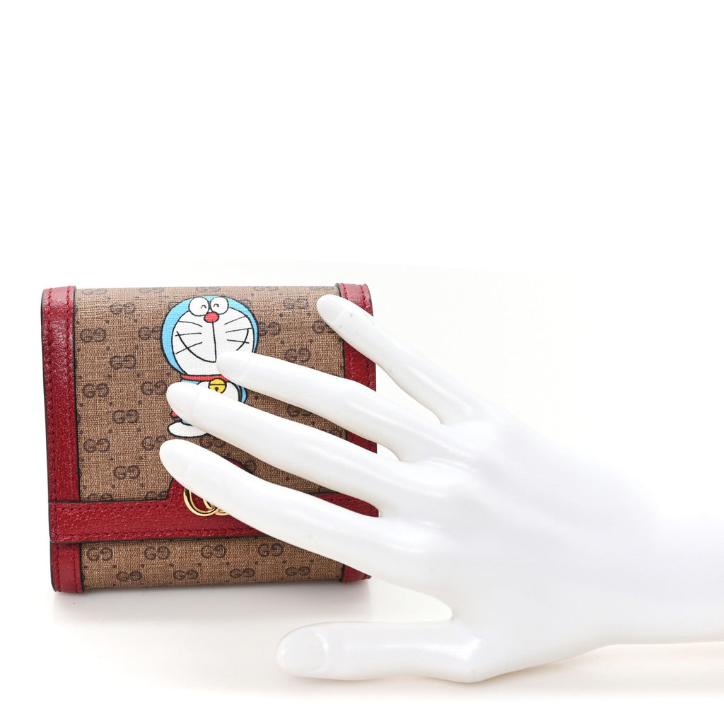 X DORAEMON Mini Vintage GG Supreme Monogram  Case Wallet Beige Cherry Red