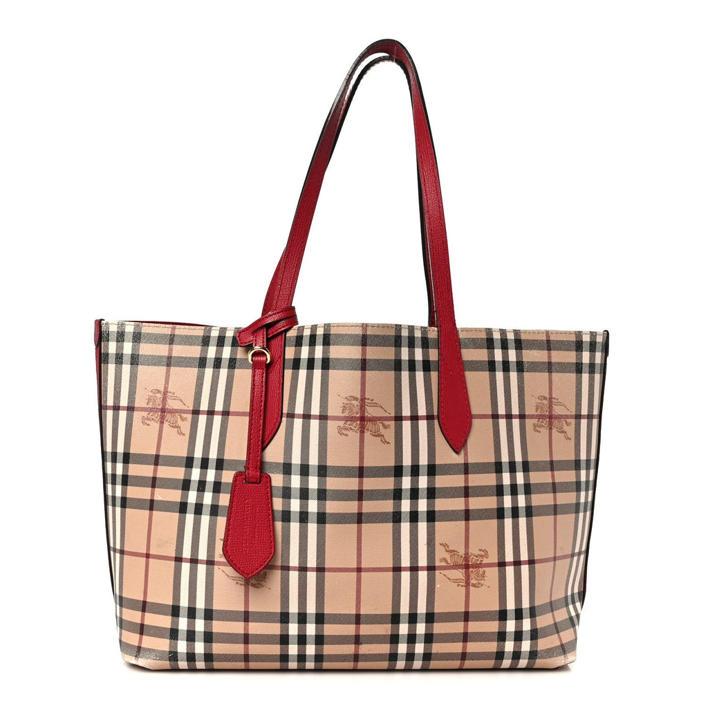 Grainy Calfskin Haymarket Check Medium Reversible Tote Red