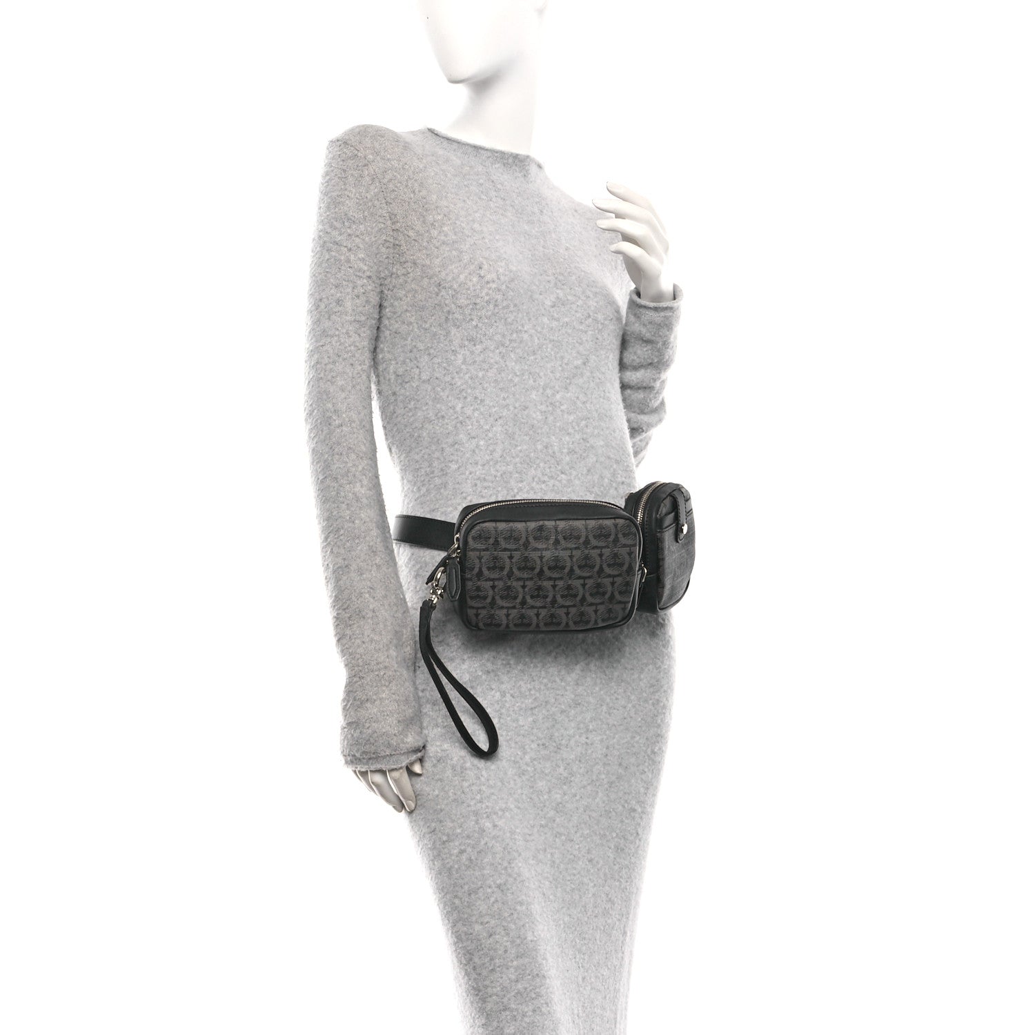 Gancini Monogram Calfskin Multi-Pouch Travel Belt Bag Black Grey